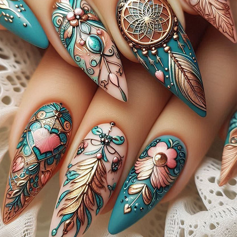 Nail Art Design - Feather Design Press on False Nail
