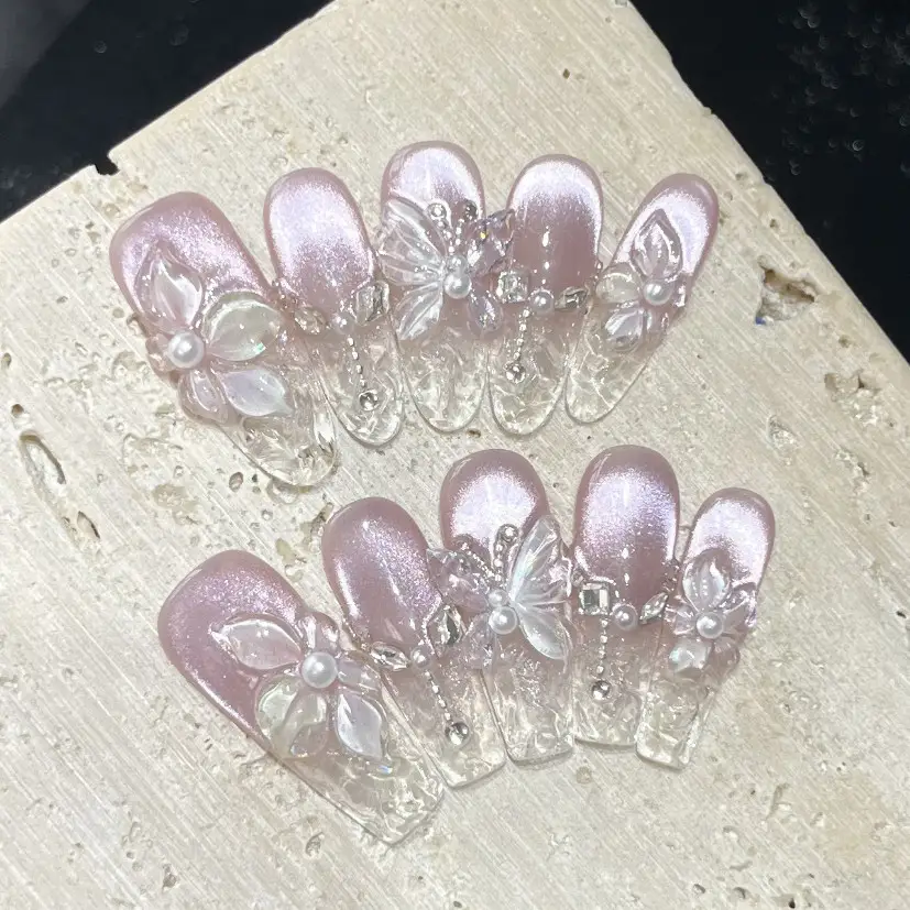 Nail Art Pink Cat Eye - Spring 3D Bauhinia Flower Handmade Press