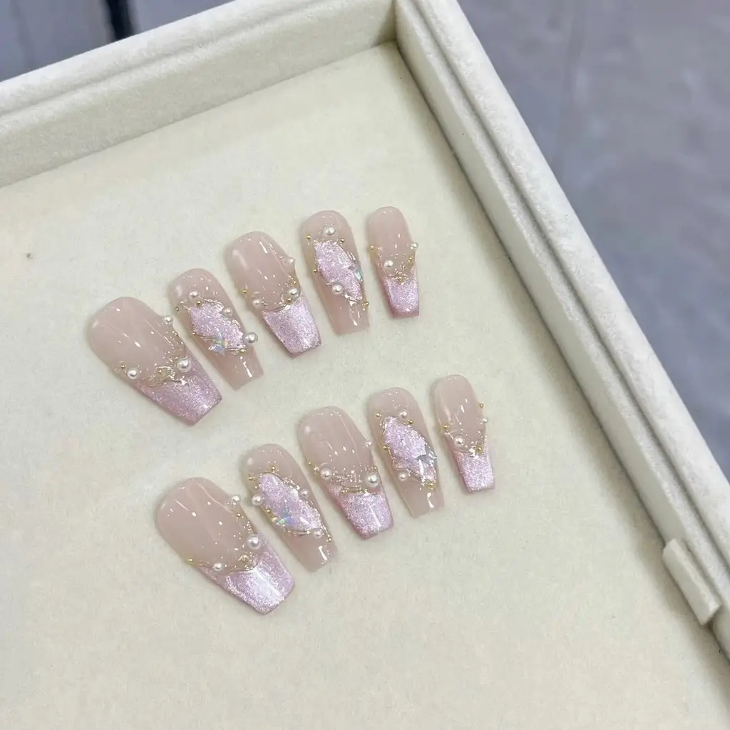 Nail Art Pink Cat Eye - Glazed Moonlight Handmade Wearable Nail Pink