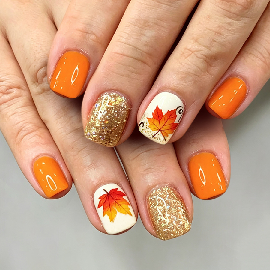 Nail Art Orange - 24Pcs fake nail art, short glossy