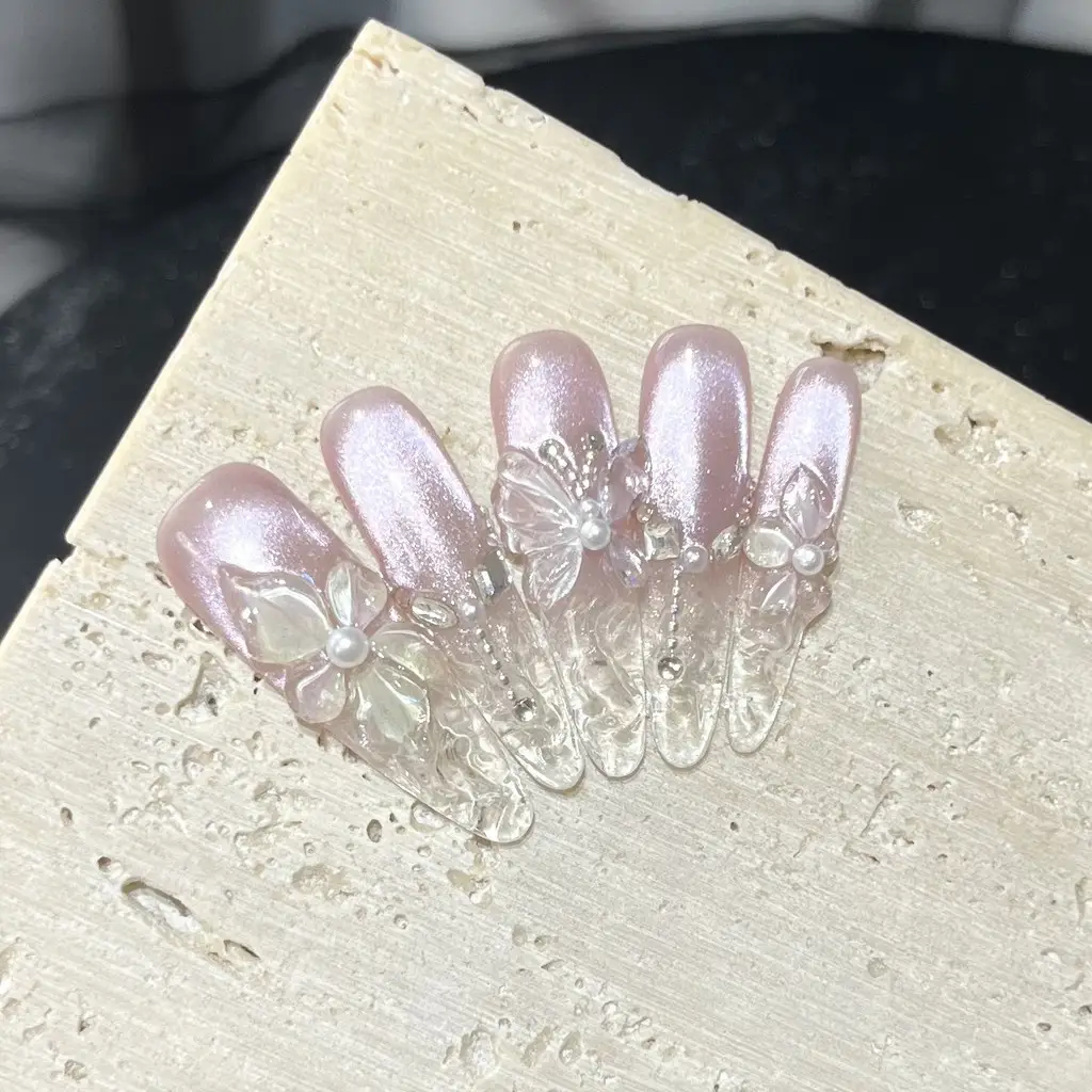 Spring 3D Bauhinia Flower Hand - Nail Art Pink Cat Eye avis et prix