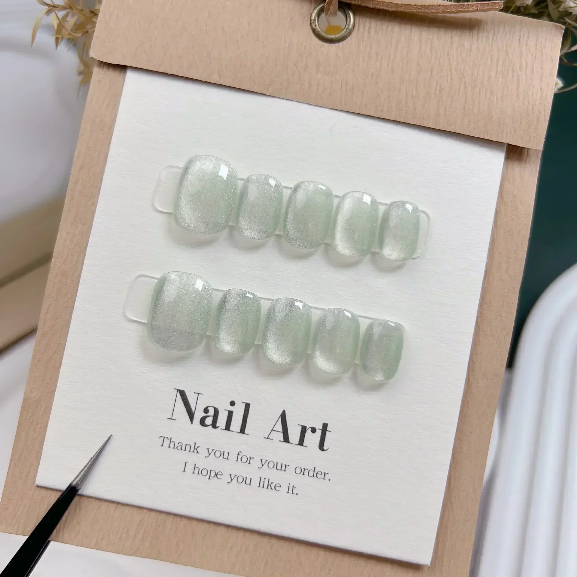 10Pcs Short Handmade Light Gre - Nail Art Full Cat Eye avis et prix