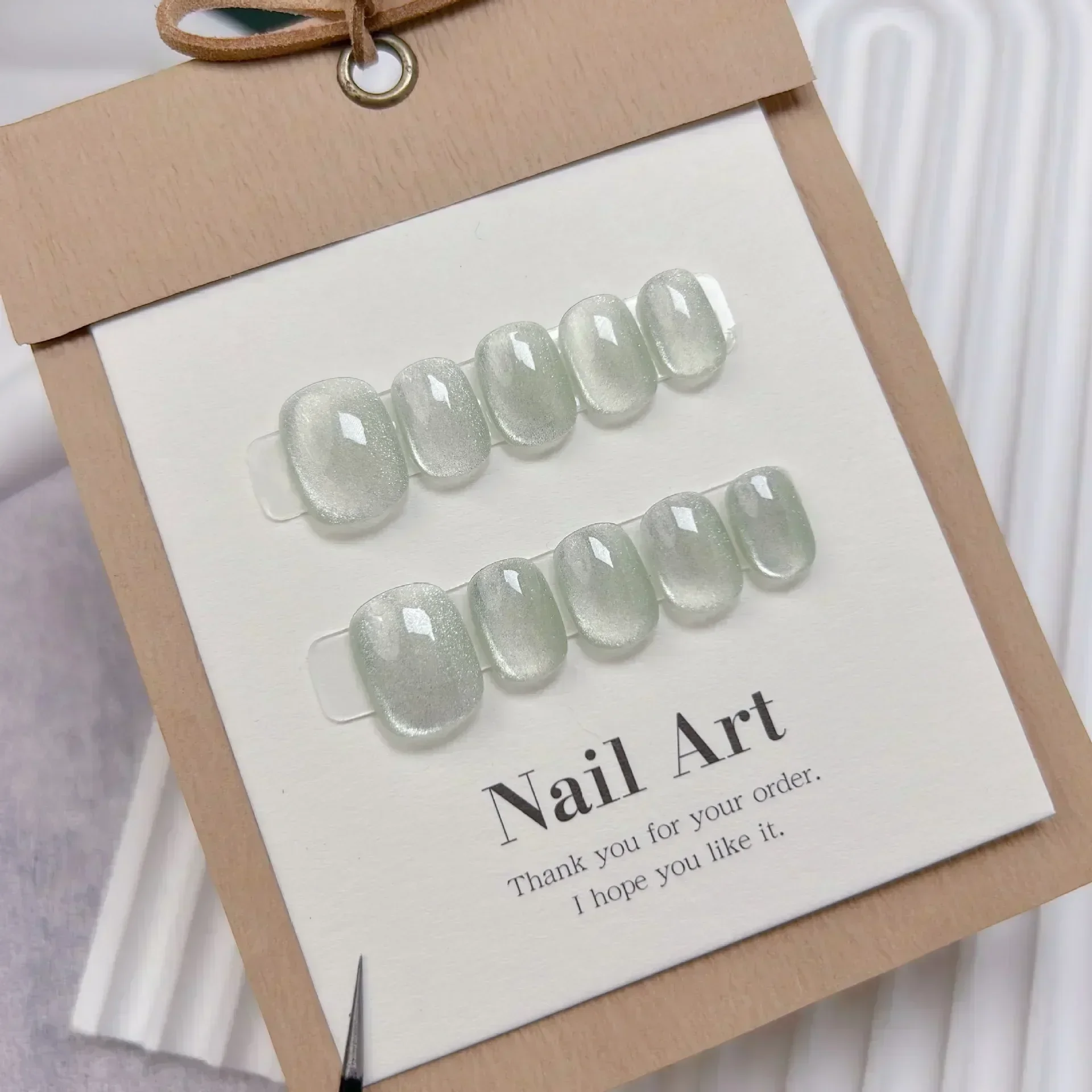 10Pcs Short Handmade Light Gre - Nail Art Full Cat Eye avis et prix